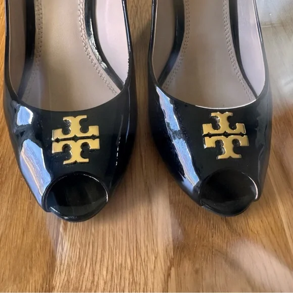 Tory Burch Jade Peep Toe Patent Leather Wedge Pumps Black Size 8 - Picture 4 of 12